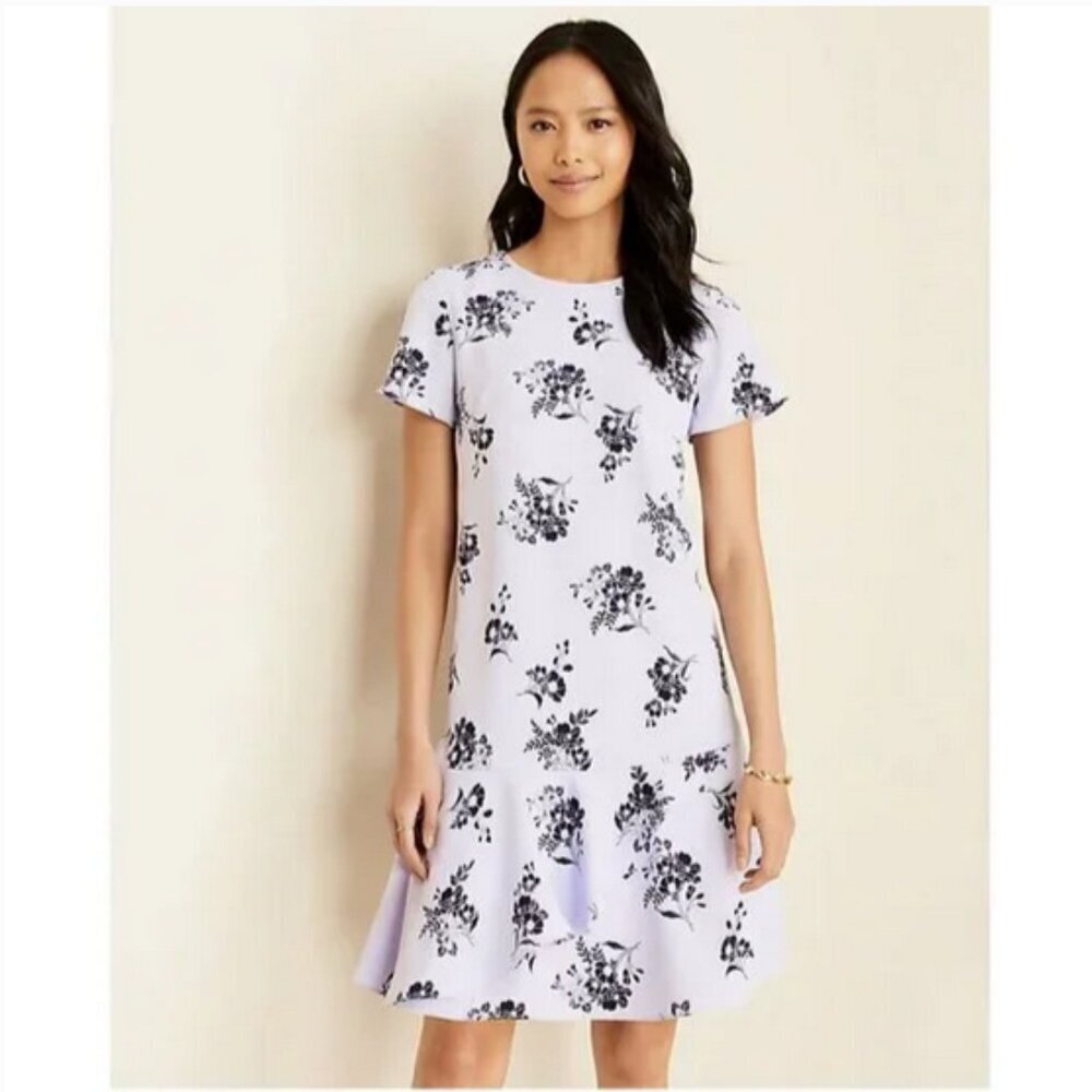 ANN TAYLOR Sunny Poppy Flounce Shift Dress Blue Flowers Floral Ruffle Hem 10